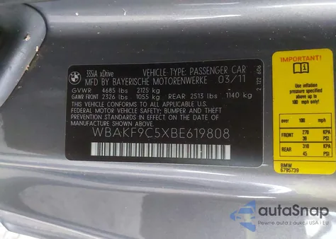 2011 BMW 335I xDrive z USA, uszkodzony, nr VIN WBAKF9C5XBE619808